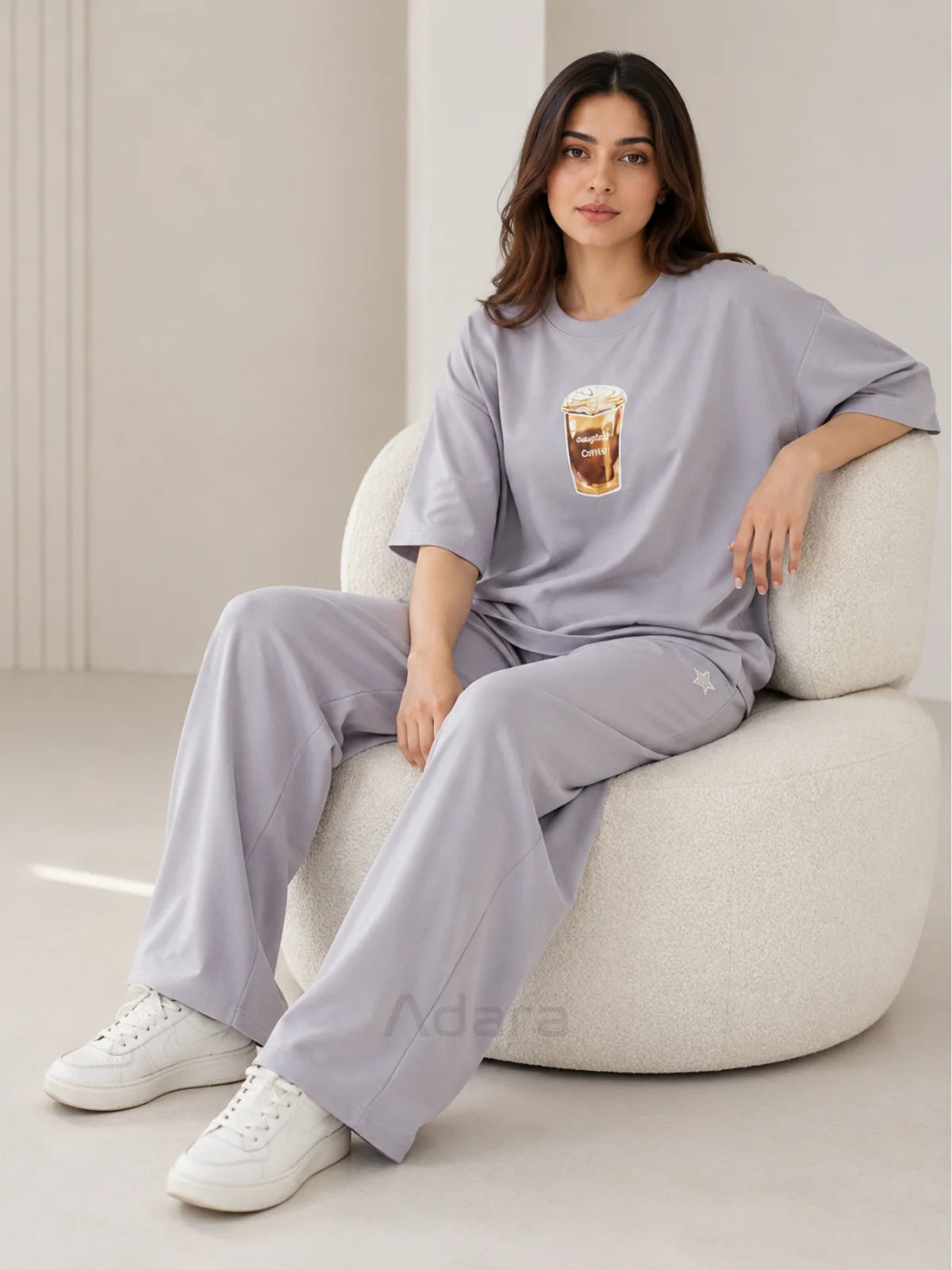 Coffee Print Grey Oversized Co-Ord Set for Women – Trendy Casual Western Wide Leg Matching Outfit