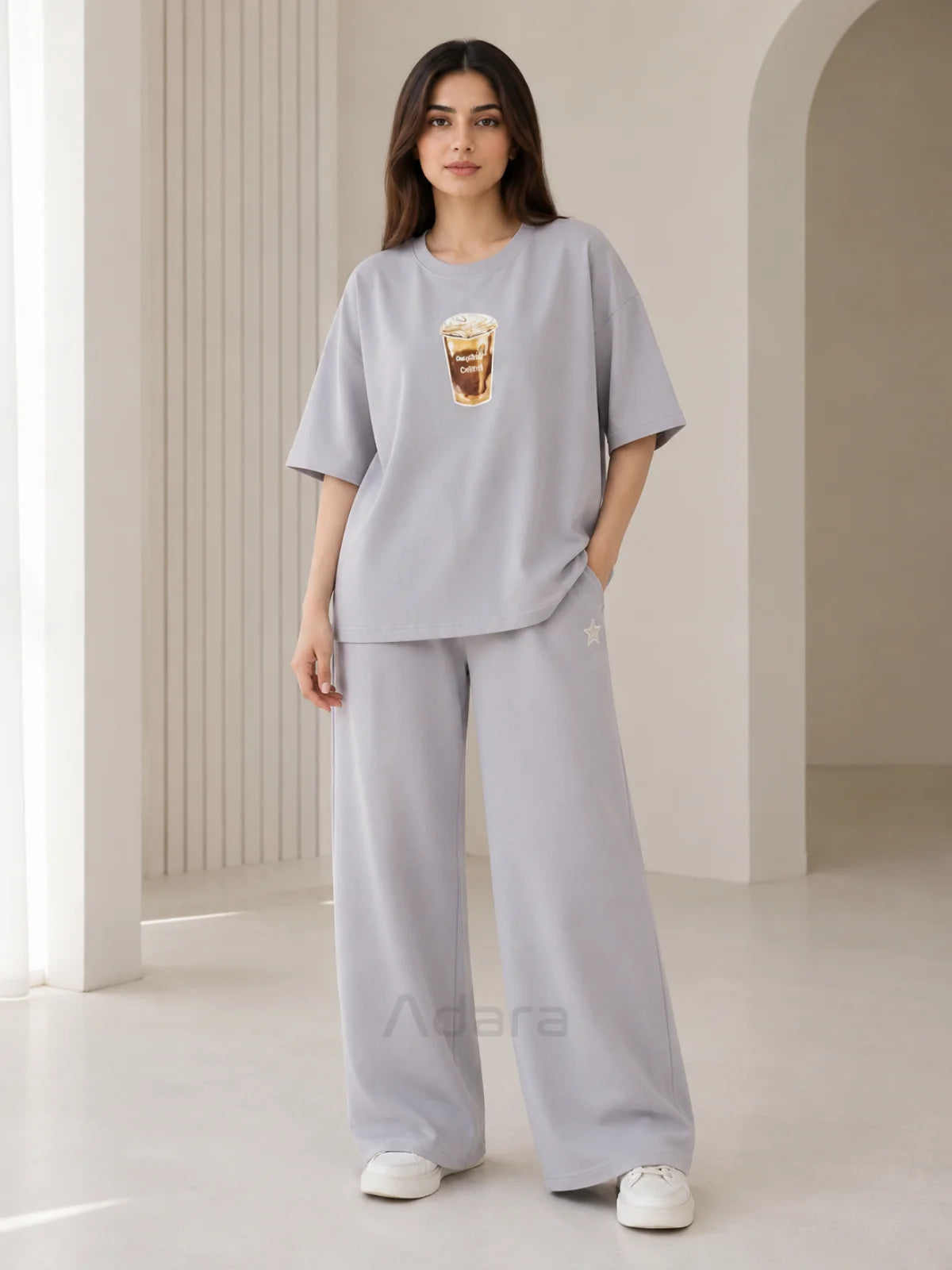 Coffee Print Grey Oversized Co-Ord Set for Women – Trendy Casual Western Wide Leg Matching Outfit