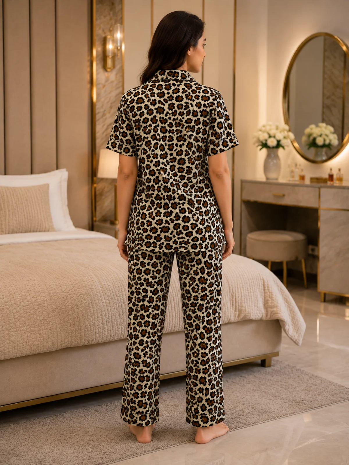 Women's Beige Leopard Print Satin Pajama Set - XL - Image 4
