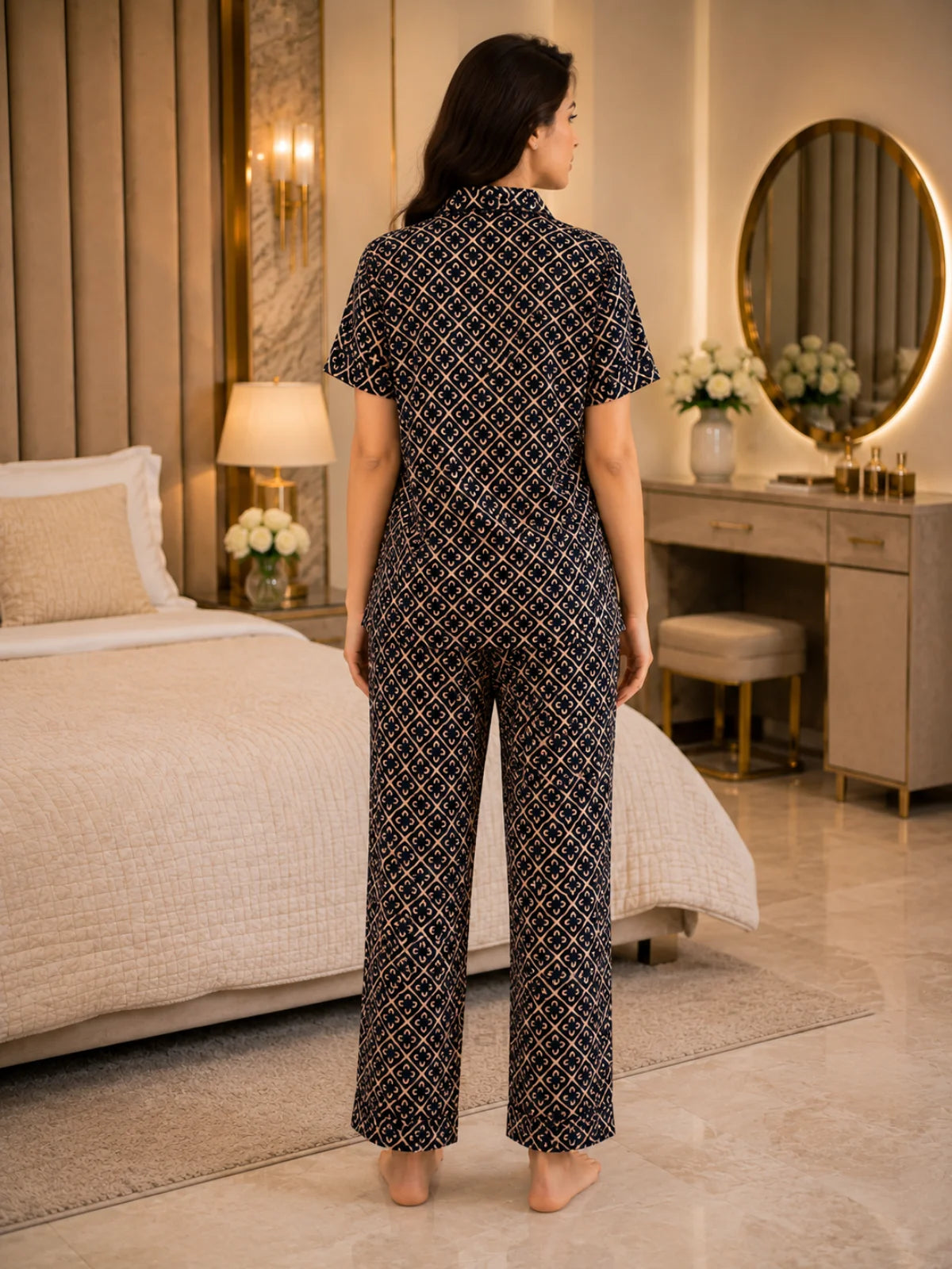 Women's Navy Gold Geometric Classic Satin Pajama Set - XL - Image 4