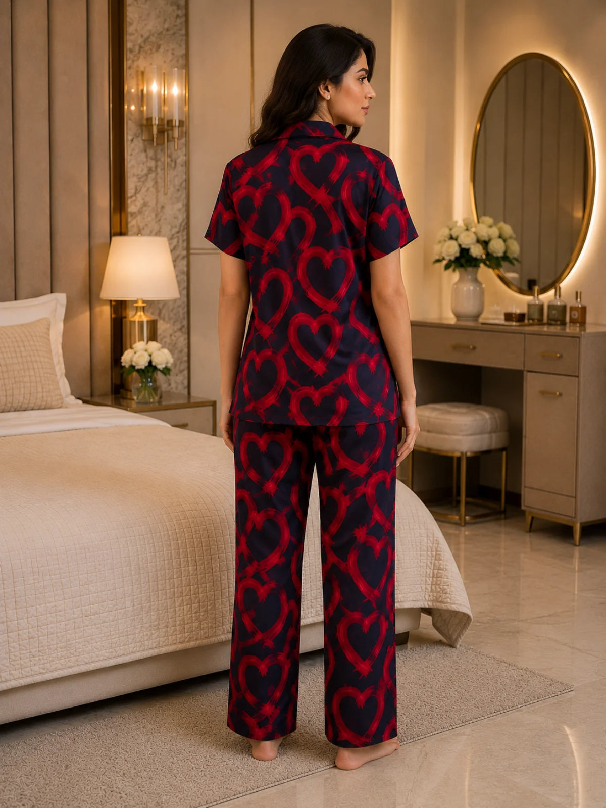 Women's Navy Red Heart Print Satin Pajama Set - XL - Image 4