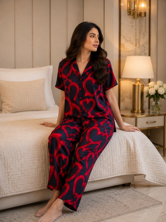 Women's Navy Red Heart Print Satin Pajama Set - S - Image 1