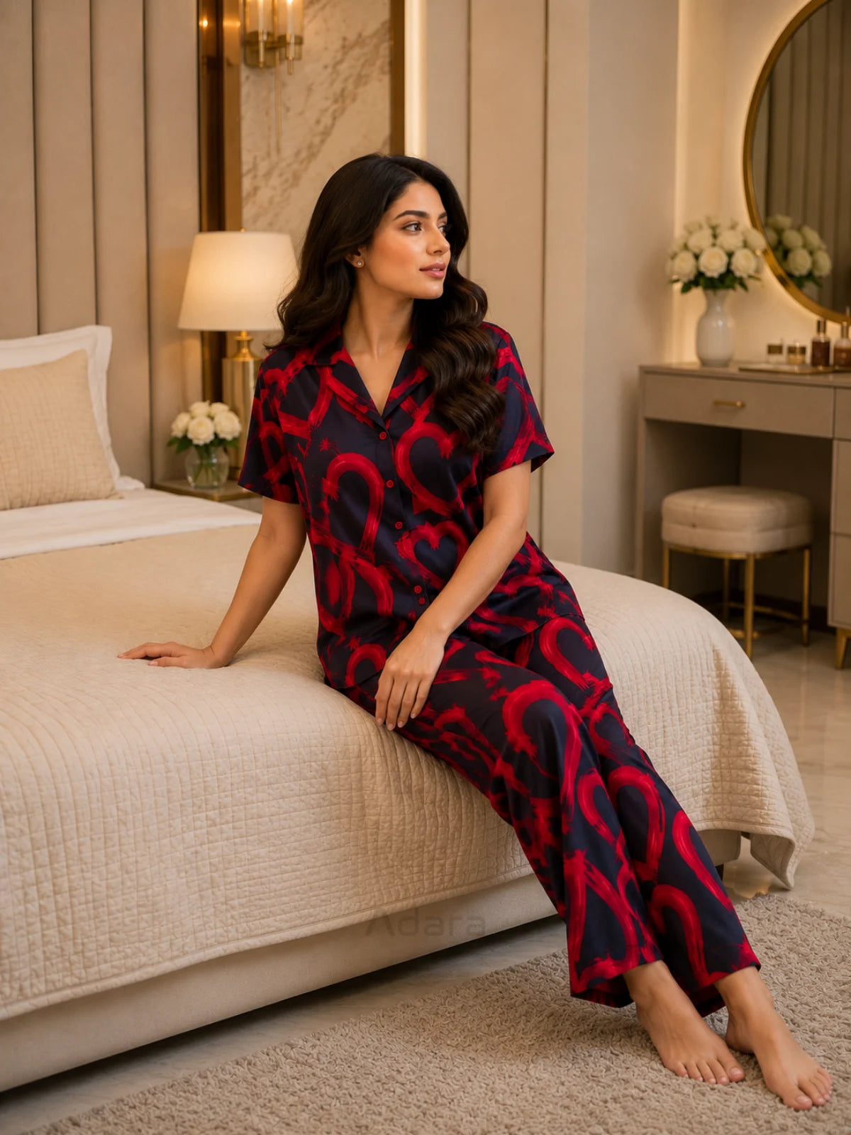 Women's Navy Red Heart Print Satin Pajama Set - M - Image 2