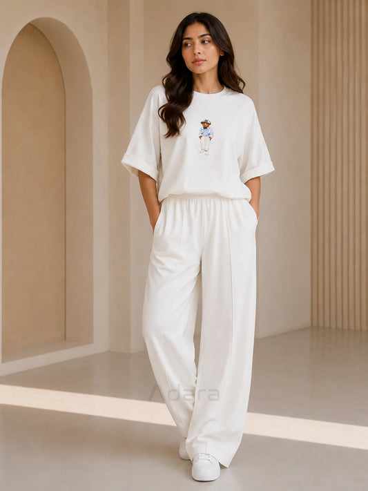 Bear Print White Oversized Co-Ord Set for Women – Trendy Casual Western Wide Leg Matching Outfit