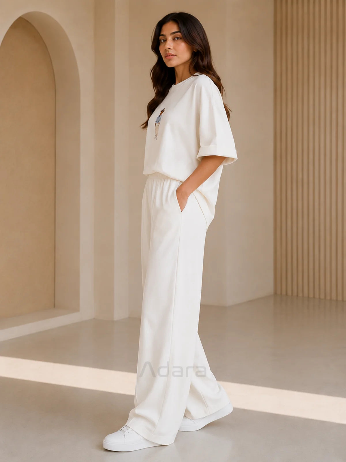 Bear Print White Oversized Co-Ord Set for Women – Trendy Casual Western Wide Leg Matching Outfit