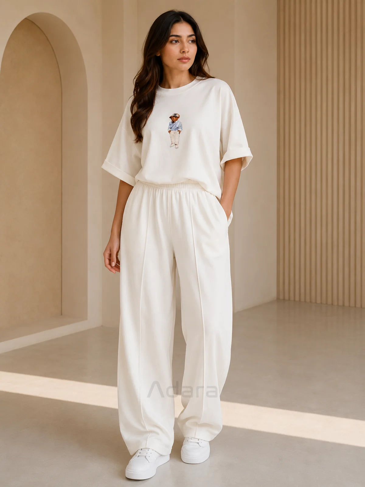 Bear Print White Oversized Co-Ord Set for Women – Trendy Casual Western Wide Leg Matching Outfit