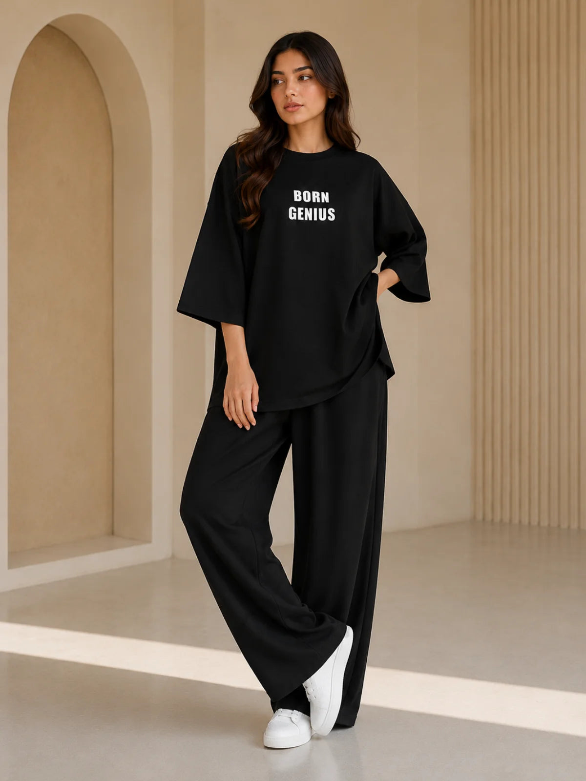 Born Genius Black Oversized Co-Ord Set for Women – Trendy Casual Western Wide Leg Matching Outfit