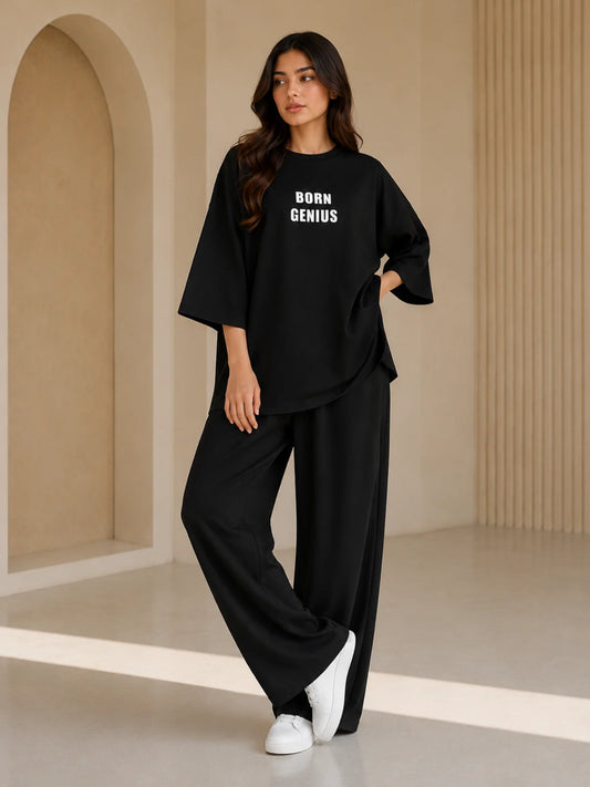 Born Genius Black Oversized Co-Ord Set for Women – Trendy Casual Western Wide Leg Matching Outfit