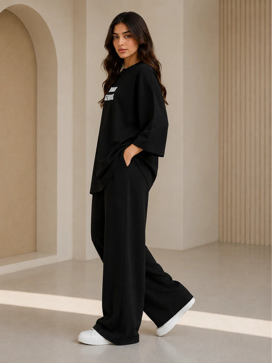 Born Genius Black Oversized Co-Ord Set for Women – Trendy Casual Western Wide Leg Matching Outfit