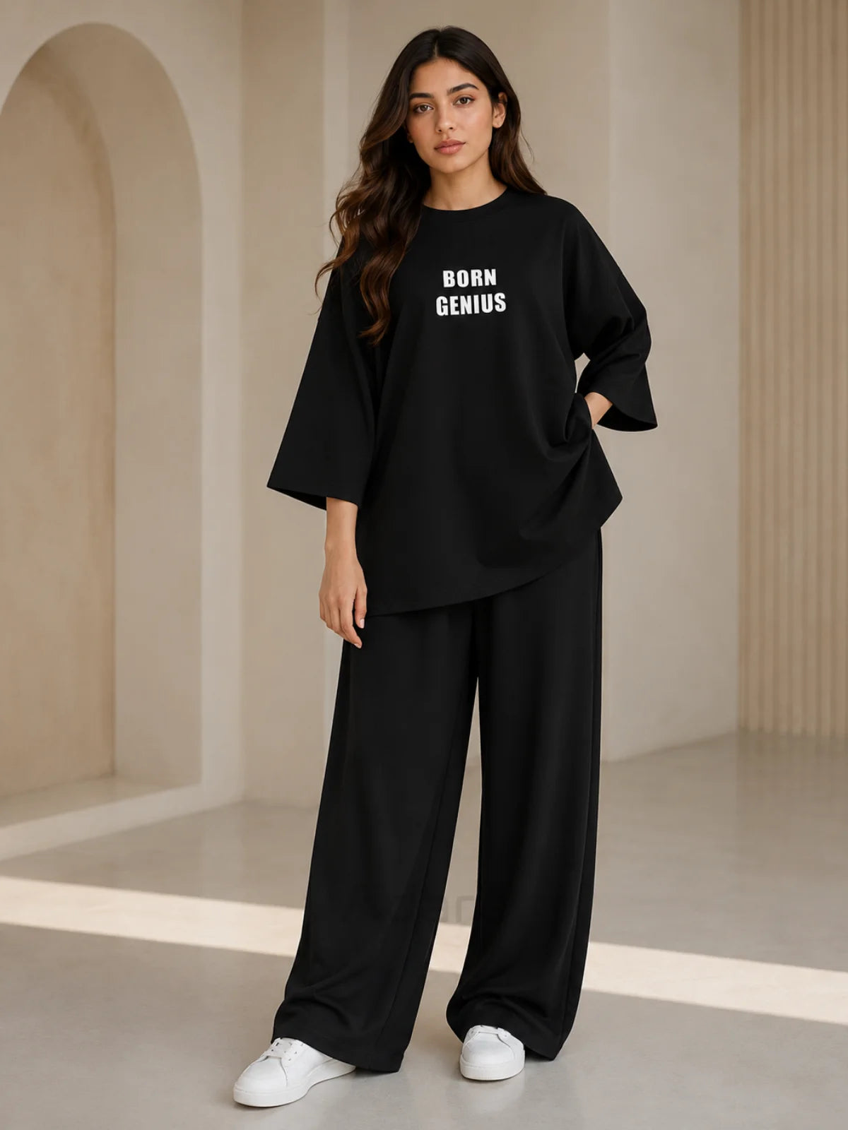 Born Genius Black Oversized Co-Ord Set for Women – Trendy Casual Western Wide Leg Matching Outfit
