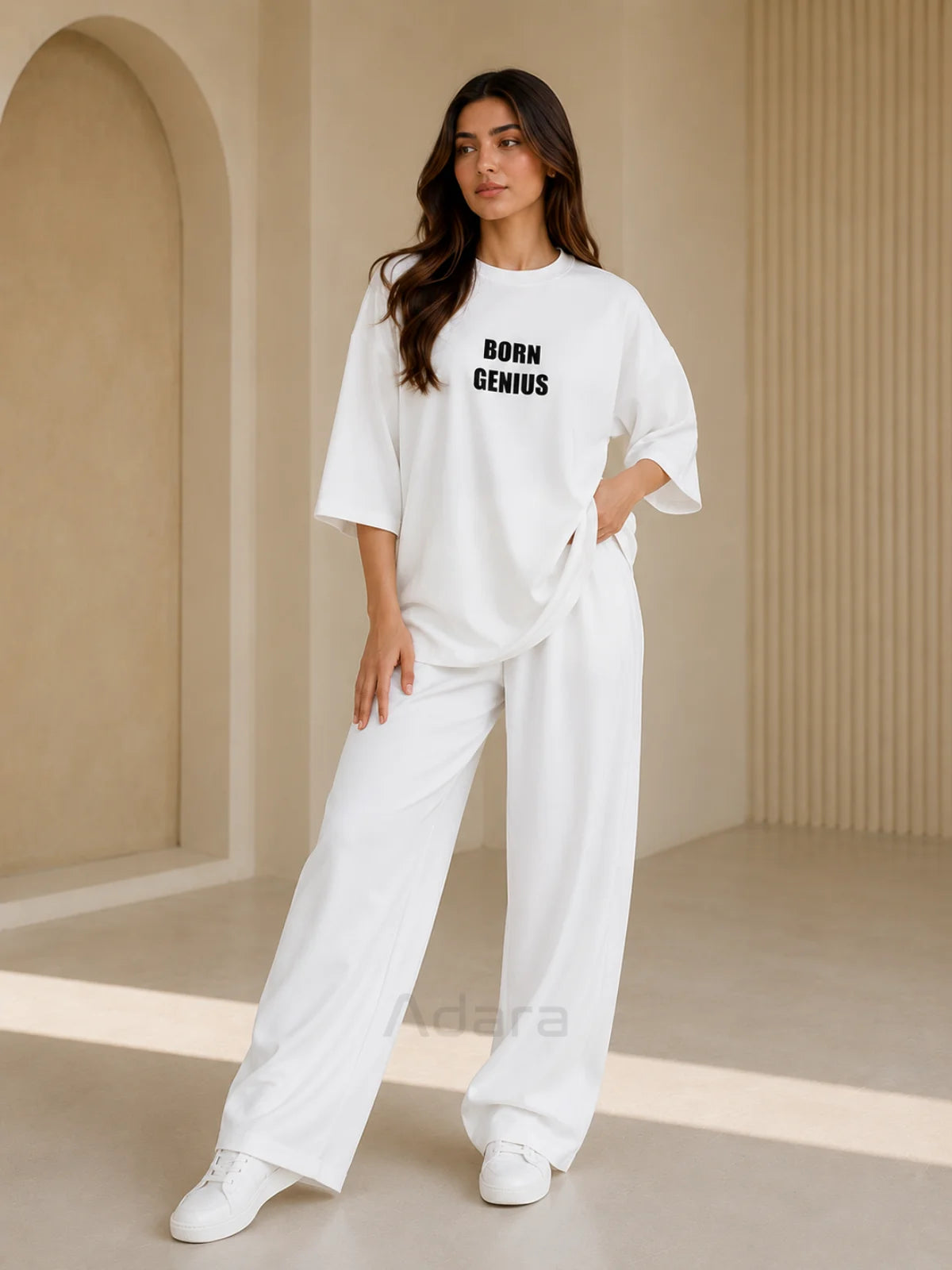 Born Genius White Oversized Co-Ord Set for Women – Trendy Casual Western Wide Leg Matching Outfit