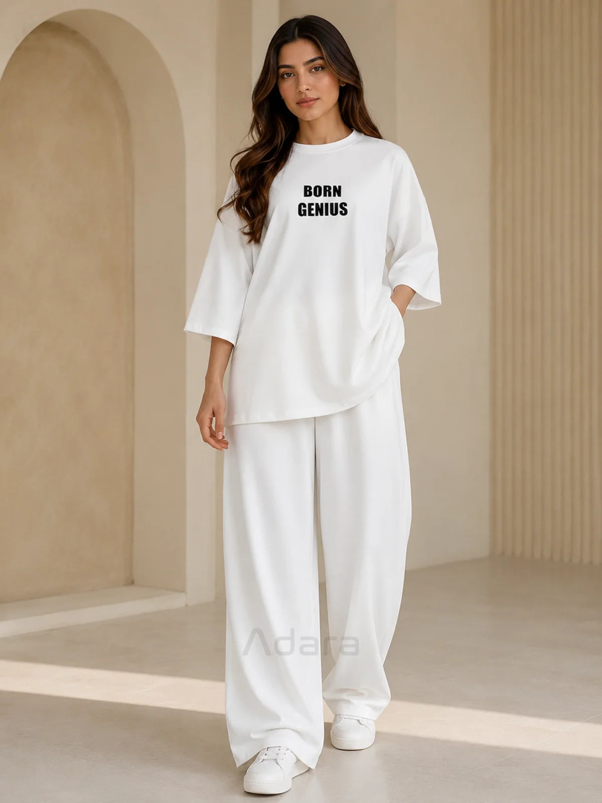 Born Genius White Oversized Co-Ord Set for Women – Trendy Casual Western Wide Leg Matching Outfit