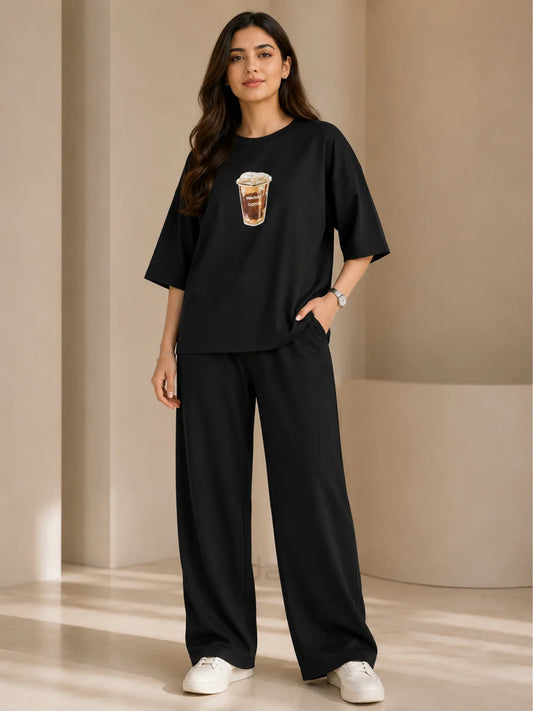 Coffee Print Black Oversized Co-Ord Set for Women – Trendy Casual Western Wide Leg Matching Outfit