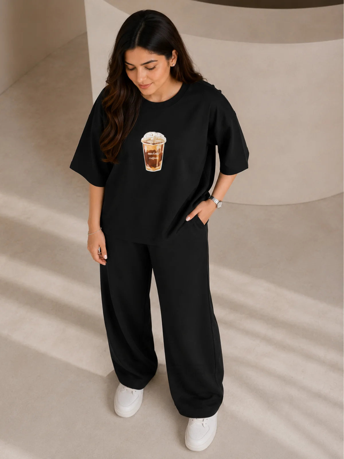 Coffee Print Black Oversized Co-Ord Set for Women – Trendy Casual Western Wide Leg Matching Outfit