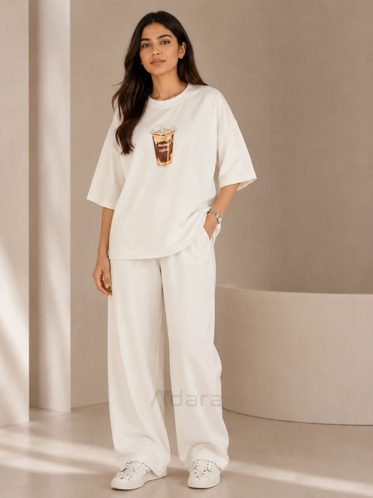 Coffee Print White Oversized Co-Ord Set for Women – Trendy Casual Western Wide Leg Matching Outfit