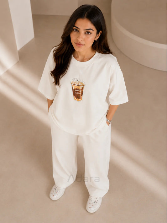 Coffee Print White Oversized Co-Ord Set for Women – Trendy Casual Western Wide Leg Matching Outfit