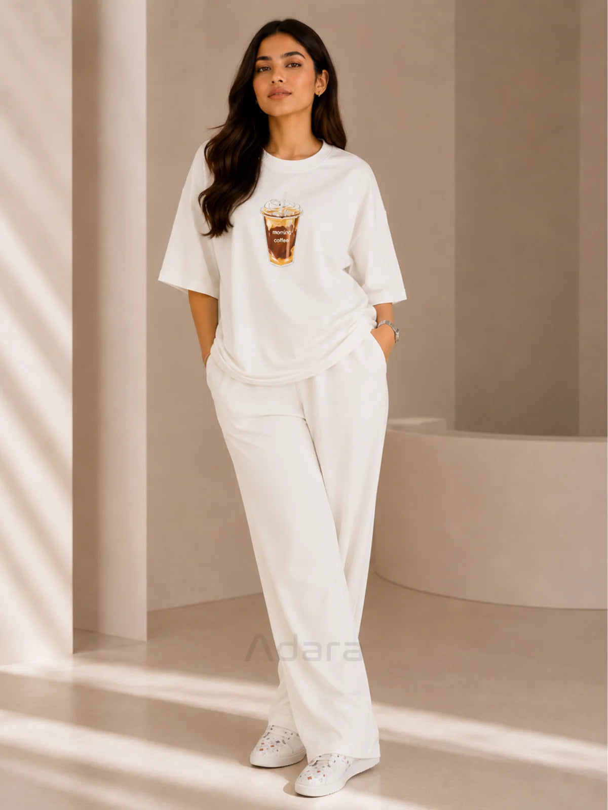Coffee Print White Oversized Co-Ord Set for Women – Trendy Casual Western Wide Leg Matching Outfit