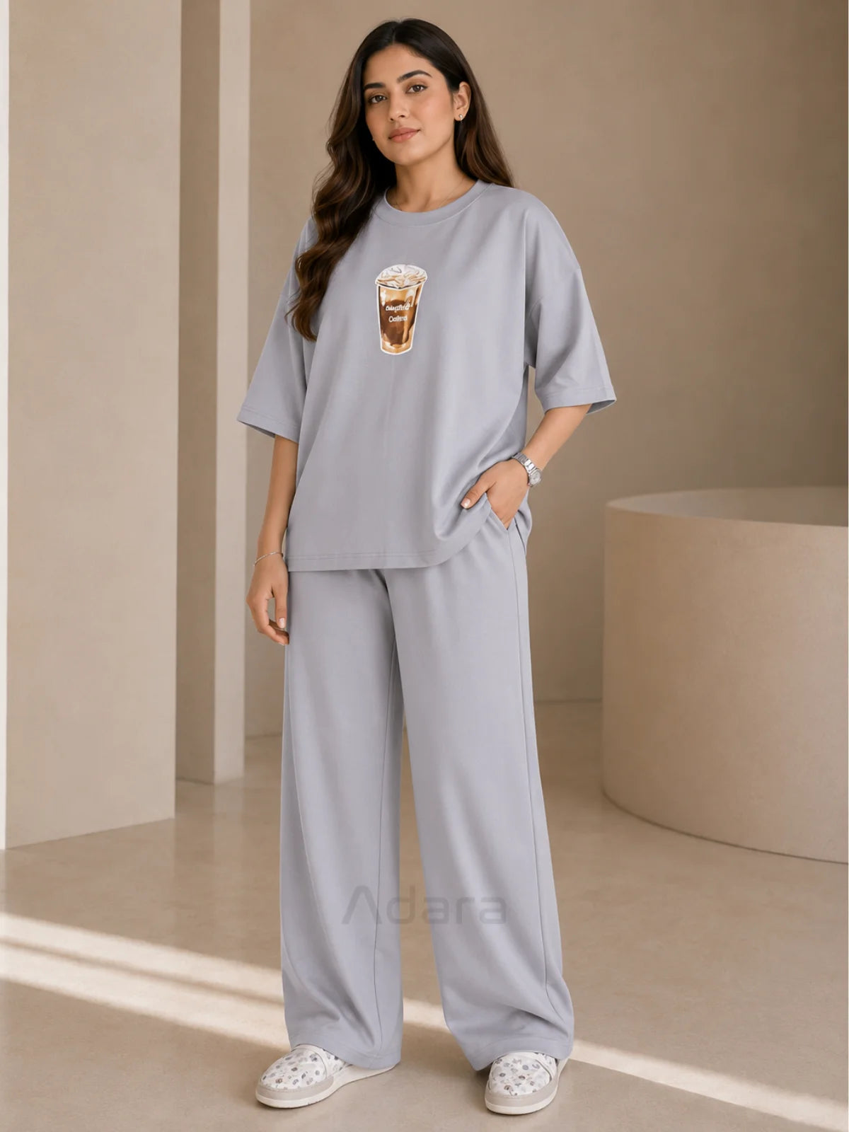 Coffee Print Grey Oversized Co-Ord Set for Women – Trendy Casual Western Wide Leg Matching Outfit