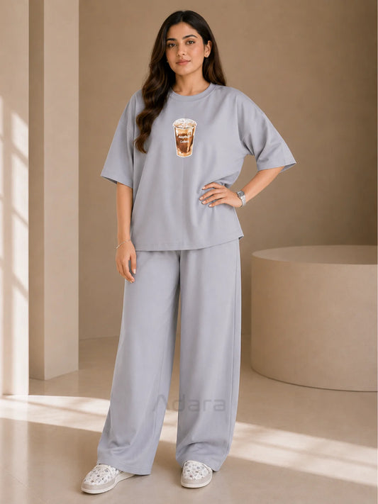 Coffee Print Grey Oversized Co-Ord Set for Women – Trendy Casual Western Wide Leg Matching Outfit