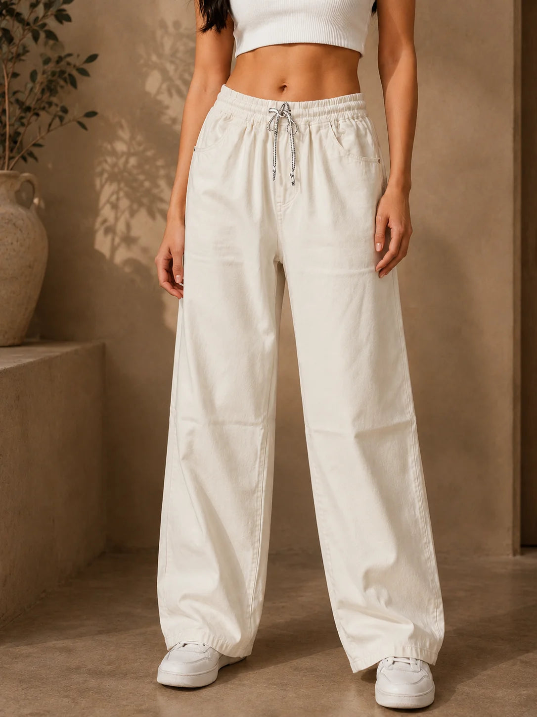 White drawstring wide leg jeans for girls front view