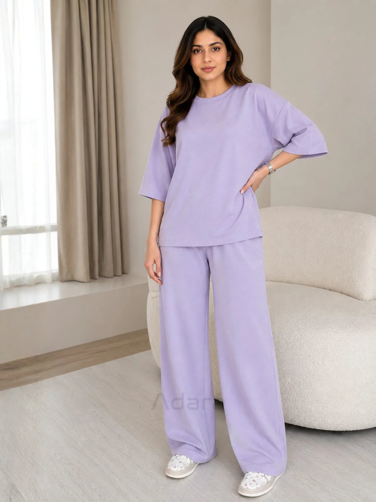 Plain Lilac Oversized Co-Ord Set for Women – Casual Western Wide Leg Matching Lounge Outfit