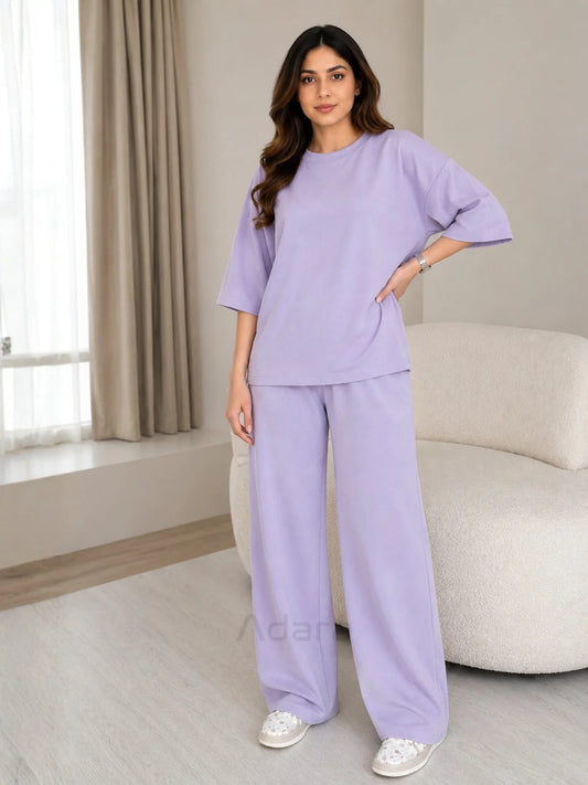Plain Lilac Oversized Co-Ord Set for Women – Casual Western Wide Leg Matching Lounge Outfit