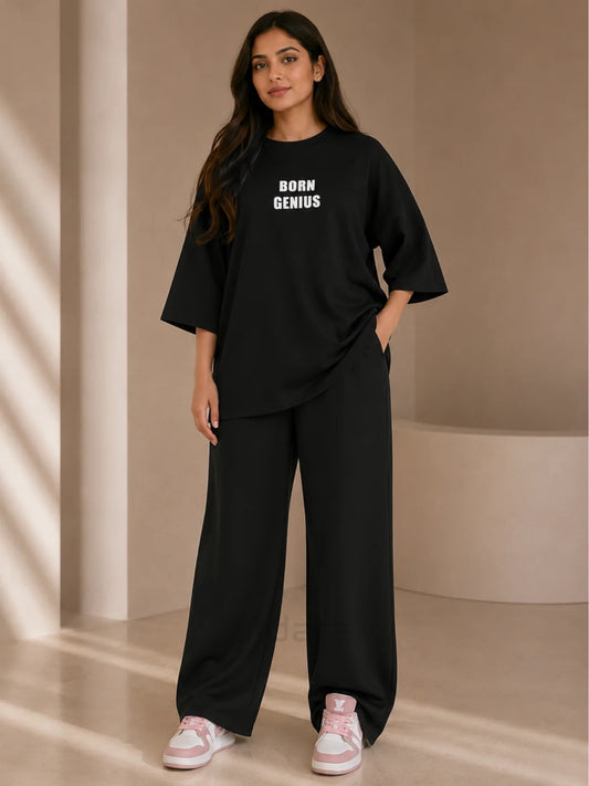 Born Genius Black Oversized Co-Ord Set for Women – Casual Western Wide Leg Matching Outfit