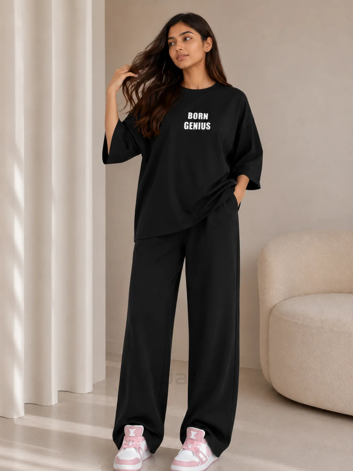 Born Genius Black Oversized Co-Ord Set for Women – Casual Western Wide Leg Matching Outfit