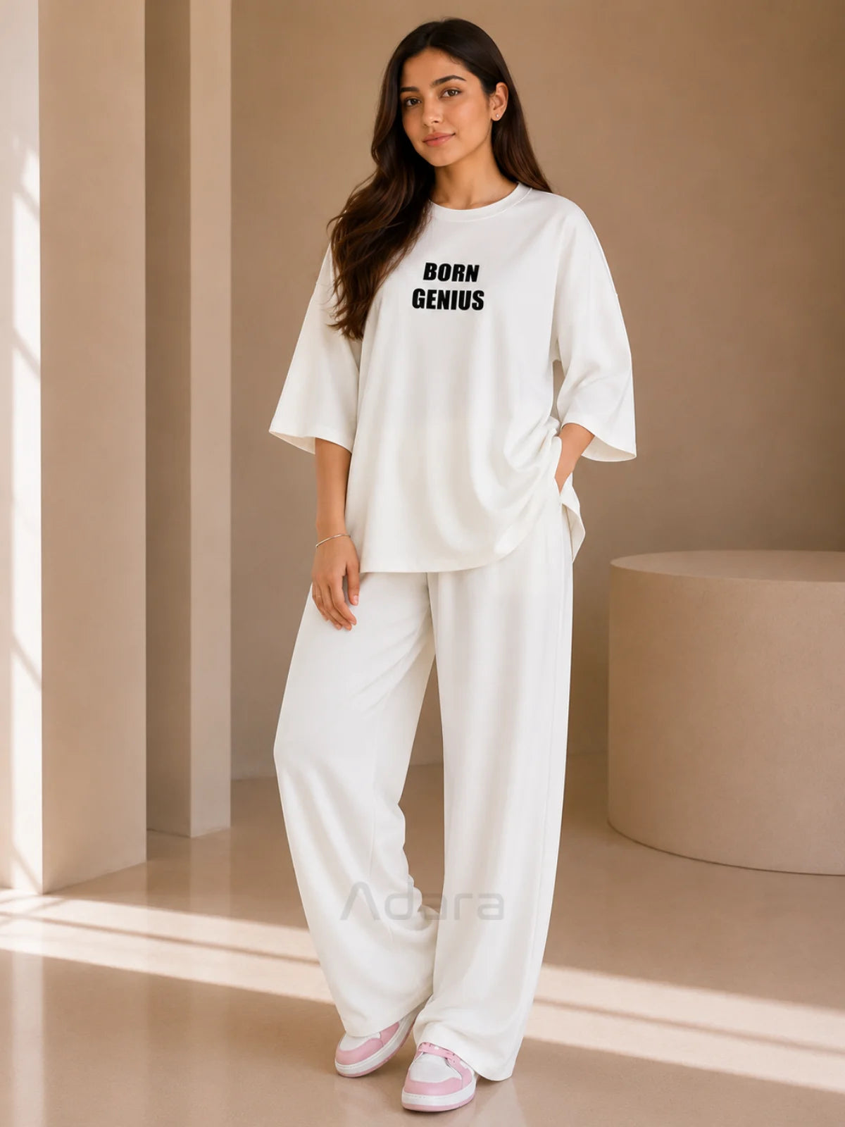 White Born Genius Oversized Co-Ord Set for Women – Premium Casual Wide Leg Matching Outfit