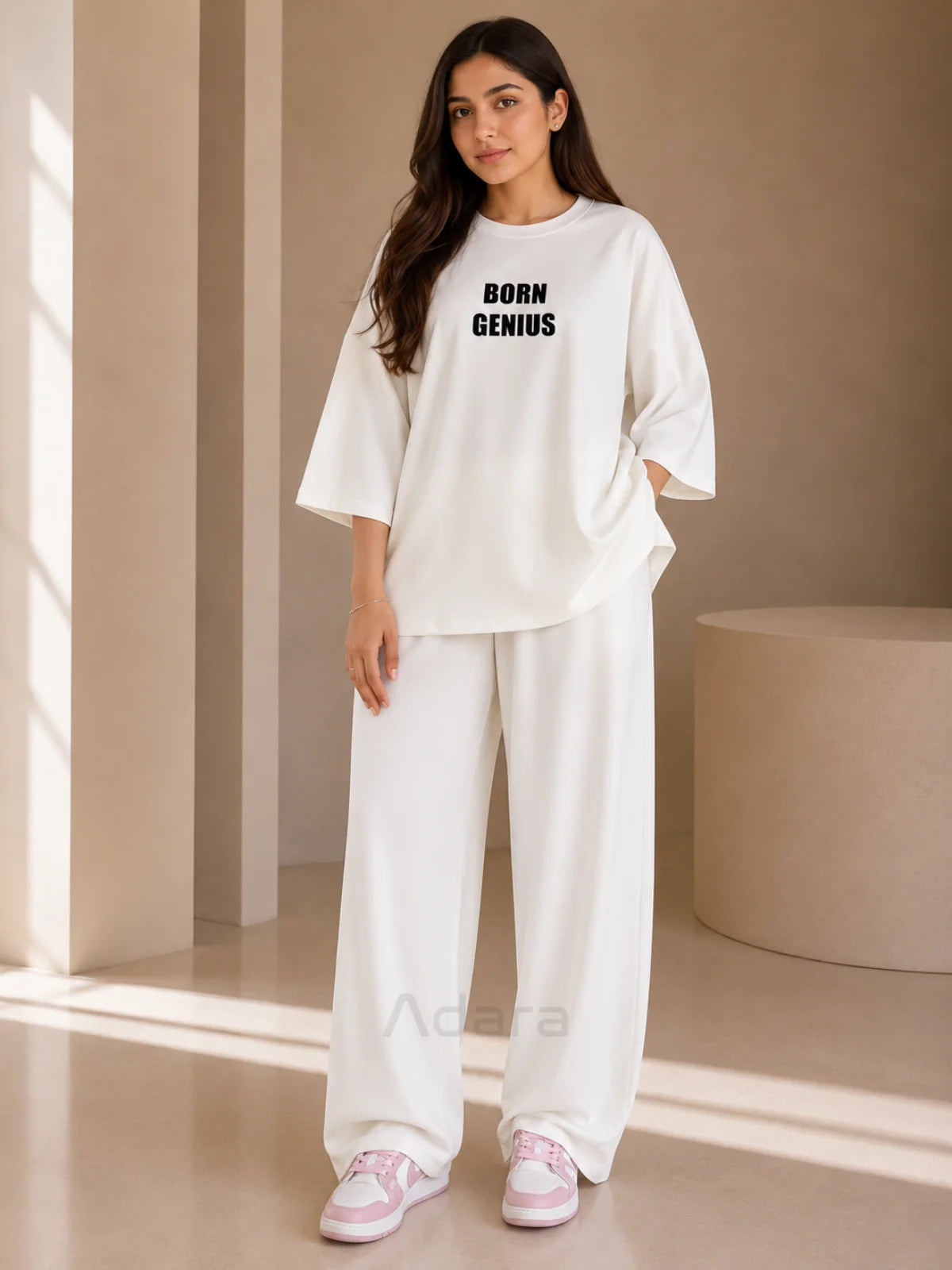 White Born Genius Oversized Co-Ord Set for Women – Premium Casual Wide Leg Matching Outfit