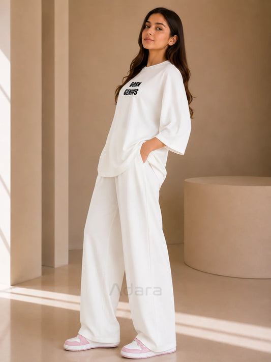 White Born Genius Oversized Co-Ord Set for Women – Premium Casual Wide Leg Matching Outfit
