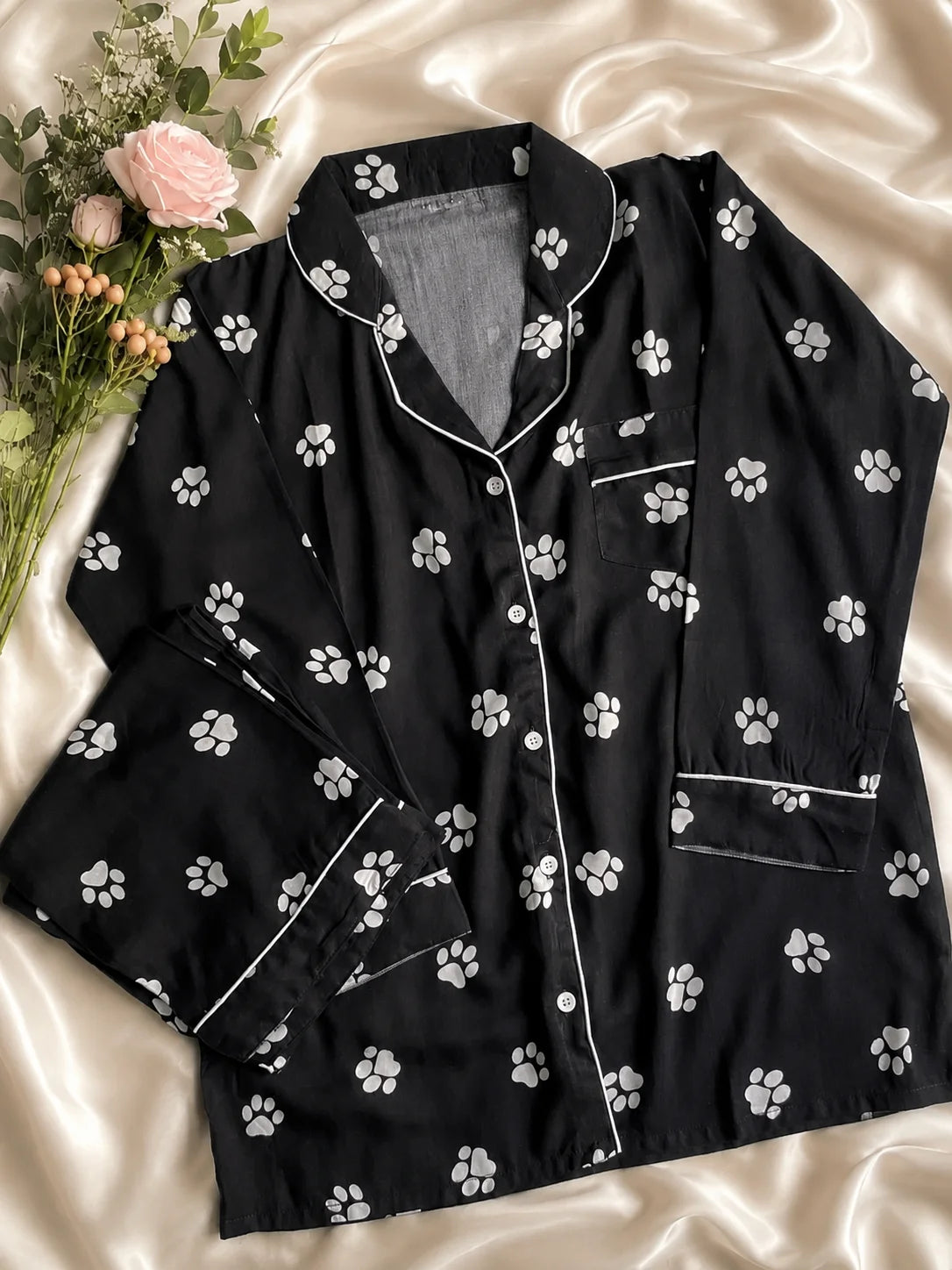Women's Black Paw Print Satin Pajama Set
