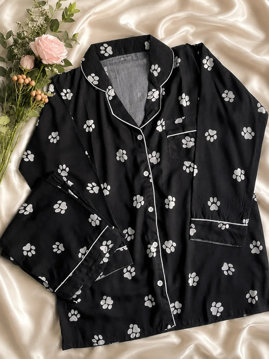 Women's Black Paw Print Satin Pajama Set