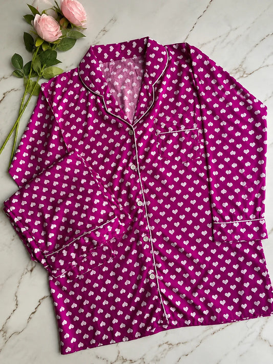 Women's Purple Heart Print Satin Pajama Set