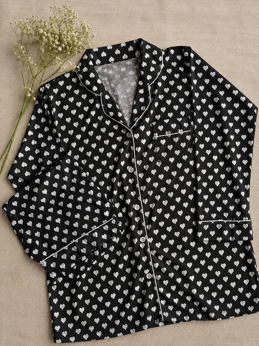 Women's Black Heart Print Satin Pajama Set