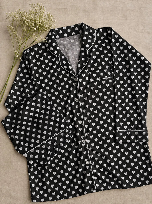Women's Black Heart Print Satin Pajama Set