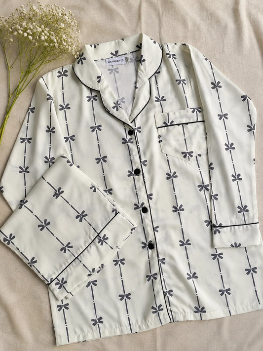 Women's White Bow Print Satin Pajama Set
