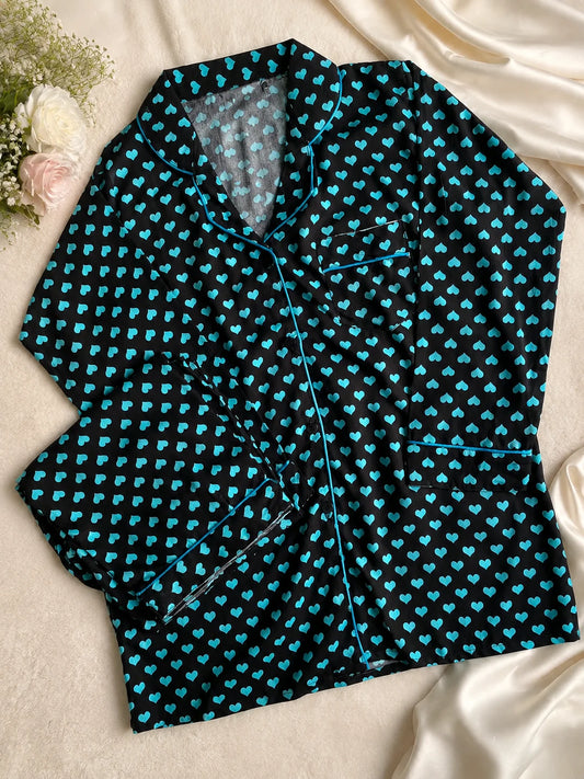 Women's Black & Blue Heart Print Satin Pajama Set
