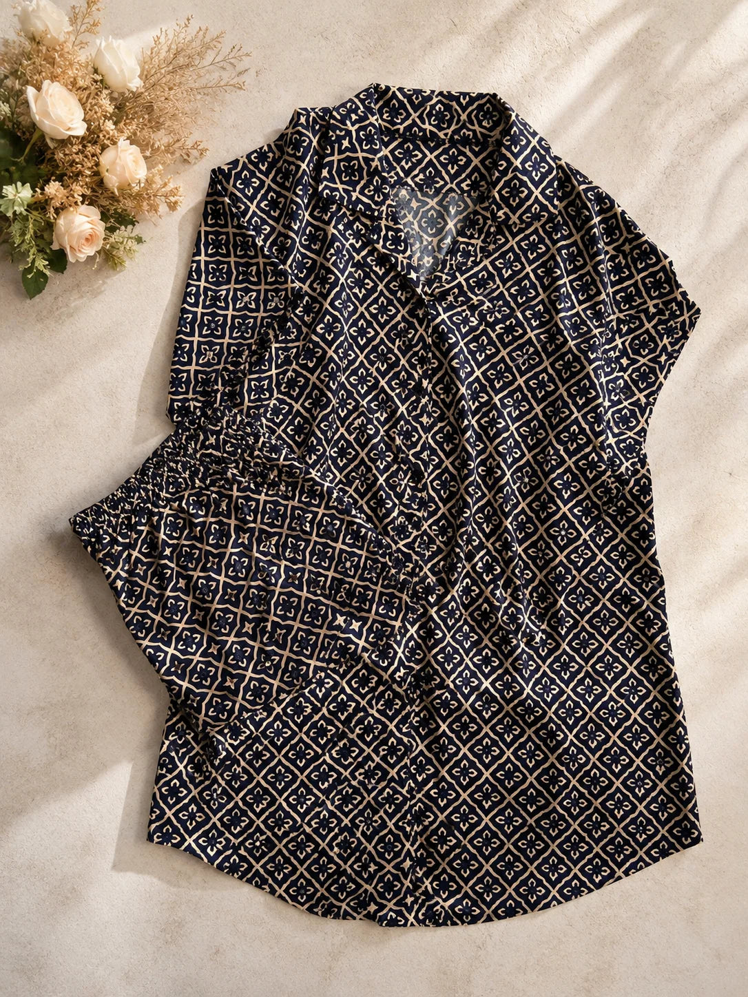 Women's Navy Gold Geometric Classic Satin Pajama Set