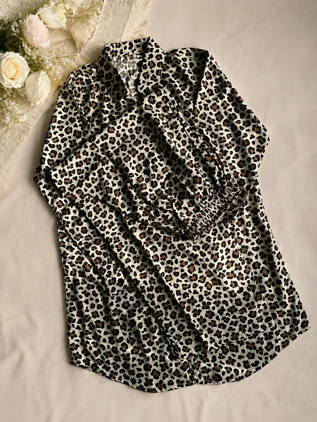 Women's Beige Leopard Print Satin Pajama Set