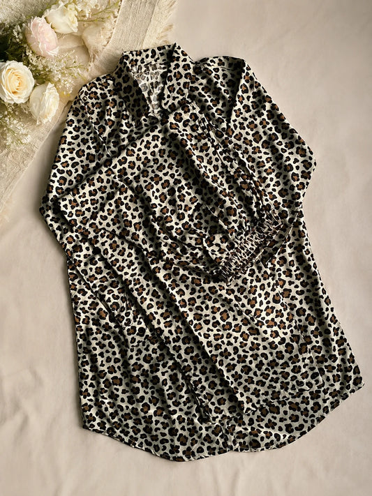 Women's Beige Leopard Print Satin Pajama Set