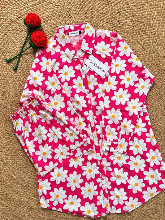 Women's Pink Daisy Floral Satin Pajama Set