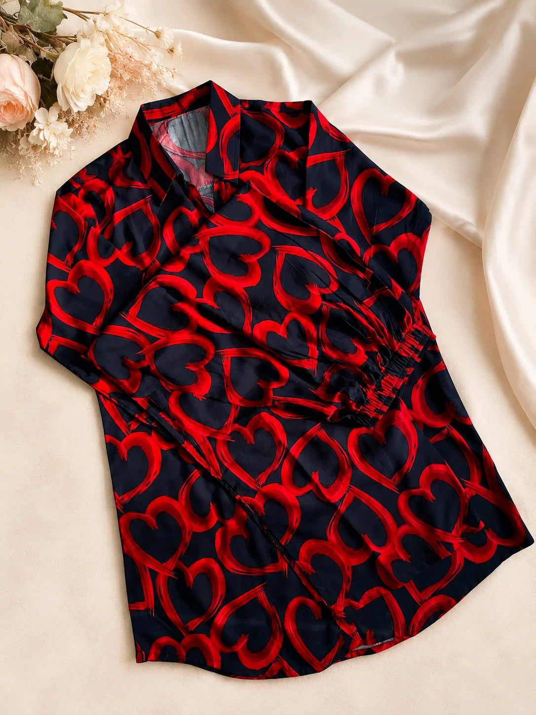 Women's Navy Red Heart Print Satin Pajama Set