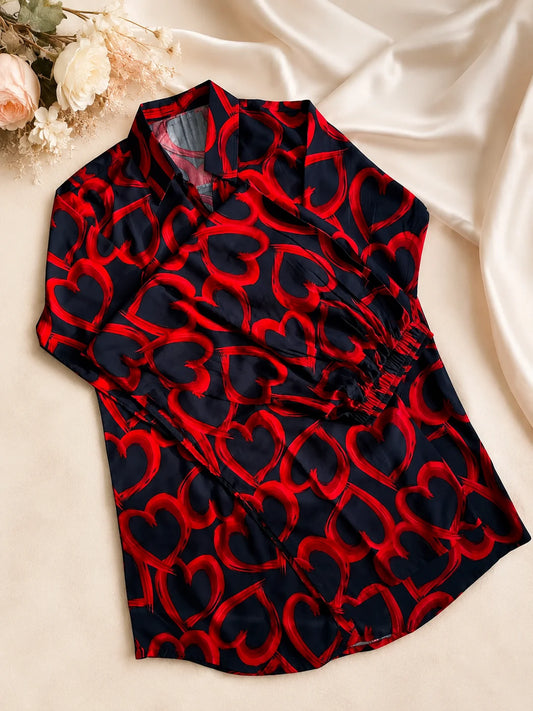 Women's Navy Red Heart Print Satin Pajama Set